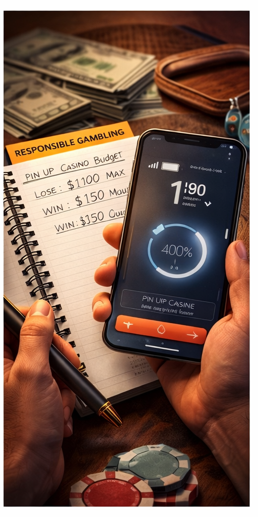 Notebook labeled responsible gambling with budget notes beside a smartphone timer and casino chips, representing bankroll control and safe play habits.