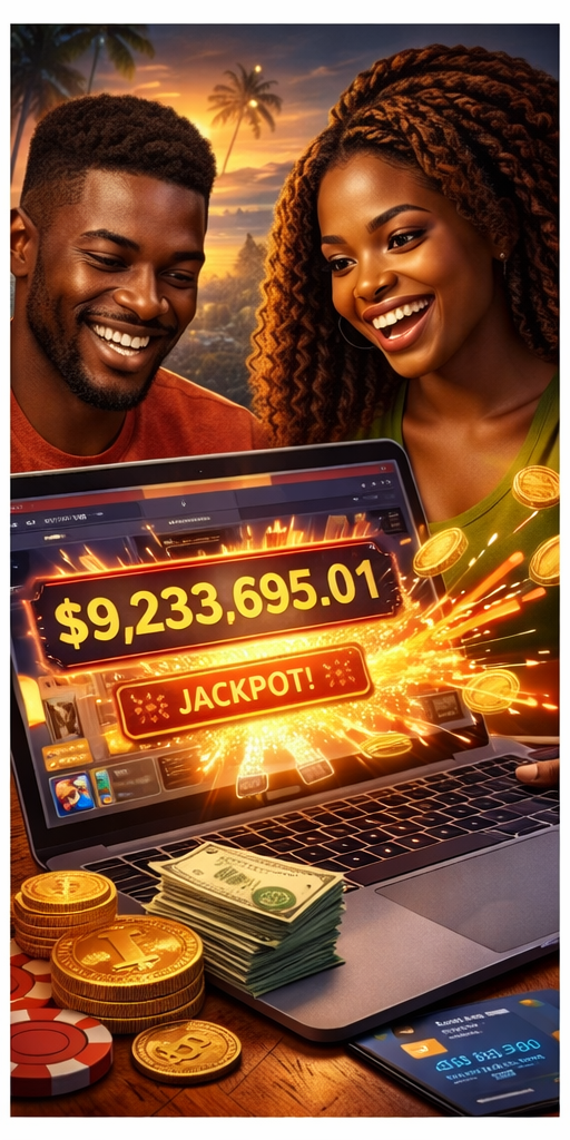 Two happy players looking at a laptop screen with a big jackpot win display, symbolizing progressive jackpots and high-volatility slot excitement.