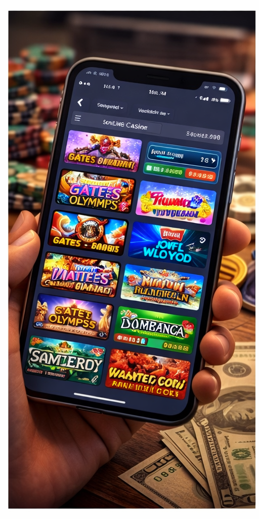 Hand holding a smartphone with an online casino slots lobby on screen, showing multiple slot tiles and a quick game selection interface.